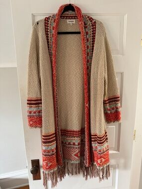 ADORA Beige Cardigan with Red and Multicolor Trim